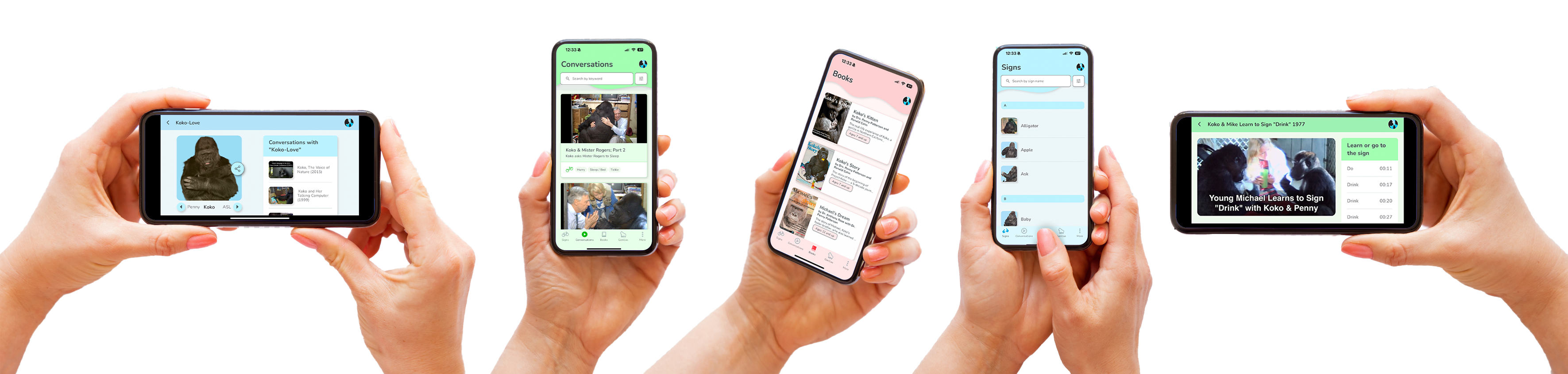 The Koko App being held by 5 hands showing various screens